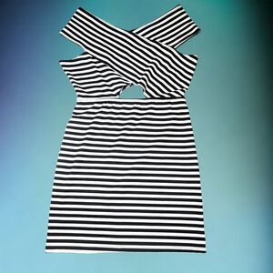 Valia black white stripes criss-cross cut out dress